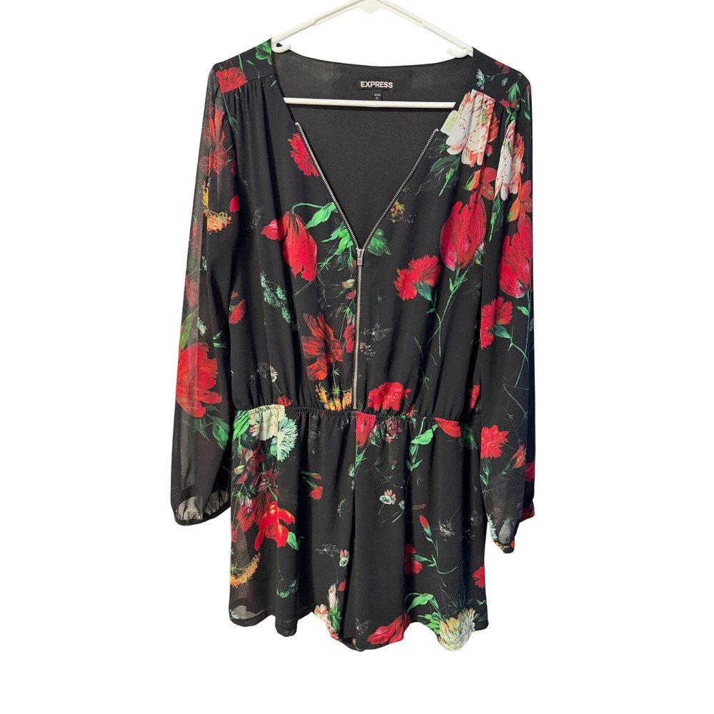Express Romper Womens Large Black Floral Front Zip Sleeve